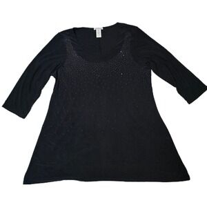 Forever Jade Black Embellished Top Womens 1X Plus Size Scoop Neck 3/4 Sleeve (J)